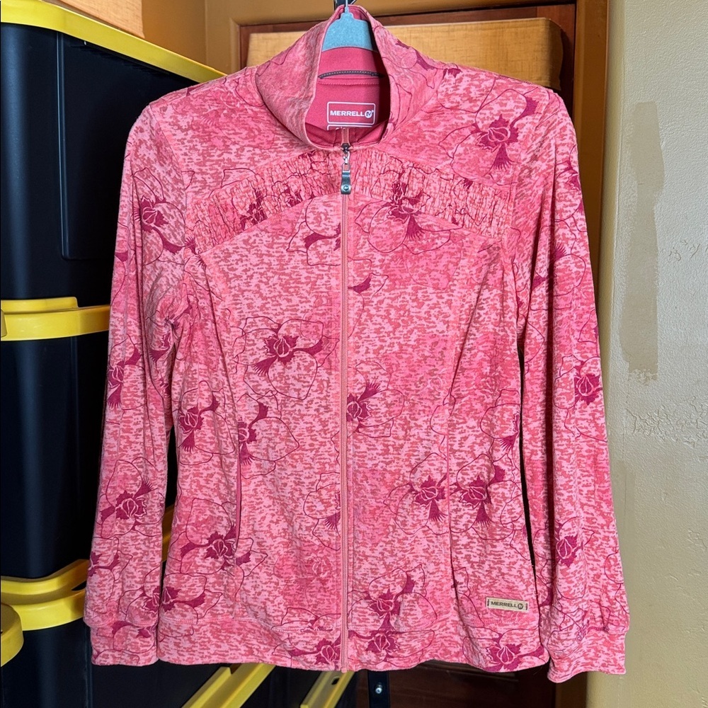 Merrell Opti-Wick Full Zip Knit Light Jacket Floral Pockets Red Orange Sz Small - Picture 2 of 12